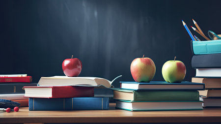 School books on desk, education conceptの素材