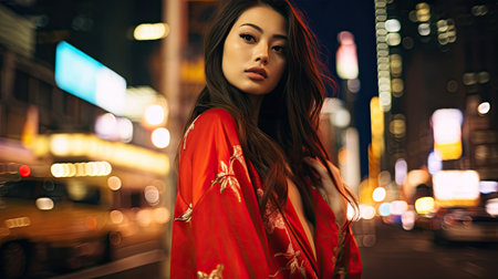 Asian woman in red kimono at night in the Cityの素材