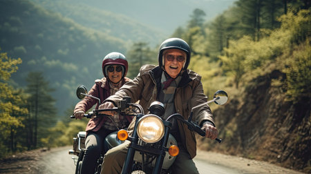 Elderly man wearing helmet drive a classic motorcycle Travel the mountain paths happilyの素材