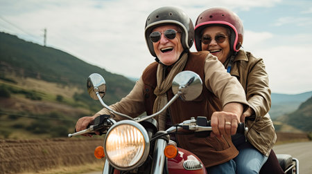 Elderly couple wearing helmets drive a classic motorcycle Travel the mountain paths happily.の素材