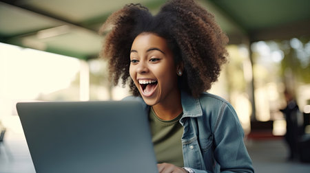 Happy excited African Black girl college student celebrating reading admission email looking at laptop computer, getting application approval, good news about scholarship or test exam results.の素材
