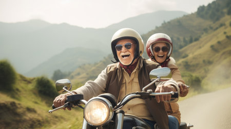 Elderly couple wearing helmets drive a classic motorcycle Travel the mountain paths happily.の素材