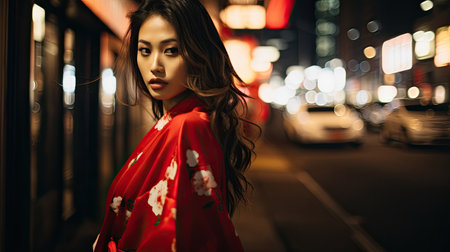 Asian woman in red kimono at night in the Cityの素材