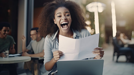 Happy excited African Black girl college student celebrating reading admission email looking at laptop computer, getting application approval, good news about scholarship or test exam results.の素材
