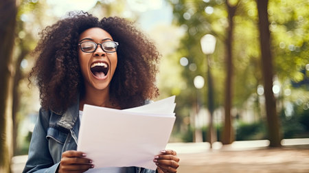 Happy excited African Black girl college student celebrating reading admission email looking at laptop computer, getting application approval, good news about scholarship or test exam results.の素材