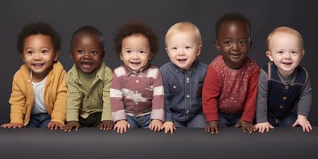 Row of six multi ethnic Babies smiling in studioの素材