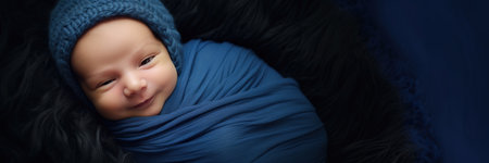 Portrait of smiling newborn baby wrapped in blue blanketの素材