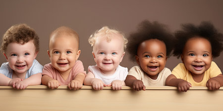 Row of six multi ethnic Babies smiling in studioの素材