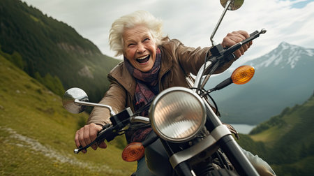 an elderly grandmother wearing a helmet drive a classic motorcycle Travel the mountain paths happilyの素材