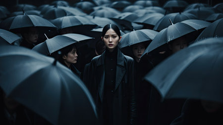 A girl stand in a crowd of people with black umbrellas walking backwardの素材