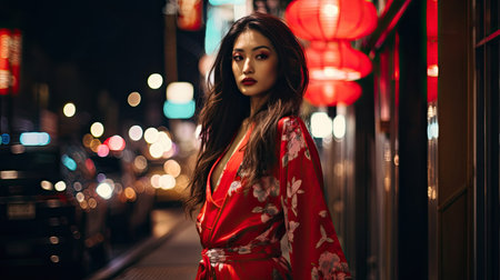 Asian woman in red kimono at night in the Cityの素材