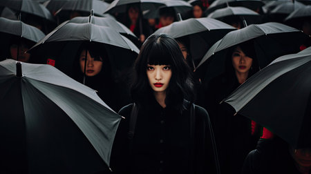 A girl stand in a crowd of people with black umbrellas walking backwardの素材