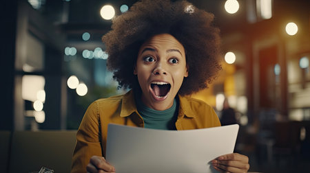 Happy excited African Black girl college student celebrating reading admission email looking at laptop computer, getting application approval, good news about scholarship or test exam results.の素材