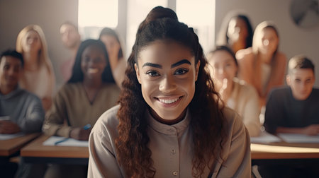Satisfied young woman looking at camera. Team of multiethnic students preparing for university exam. Portrait of girl with freckles sitting in a row with her classmates during high school exam.の素材