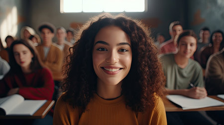 Satisfied young woman looking at camera. Team of multiethnic students preparing for university exam. Portrait of girl with freckles sitting in a row with her classmates during high school exam.の素材