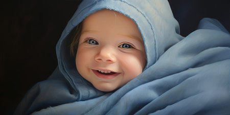 Portrait of smiling newborn baby wrapped in blue blanketの素材