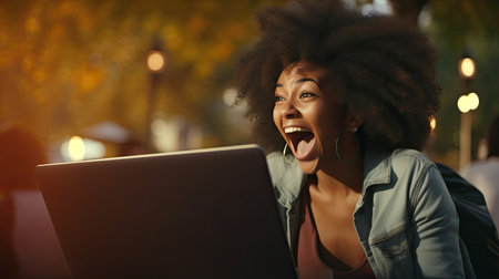 Happy excited African Black girl college student celebrating reading admission email looking at laptop computer, getting application approval, good news about scholarship or test exam results.の素材
