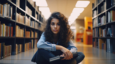 Smart pretty creative girl student holding book sitting on floor among bookshelves in modern university campus library looking away thinking of college course study thinking reading literature.の素材