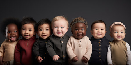 Row of six multi ethnic Babies smiling in studioの素材