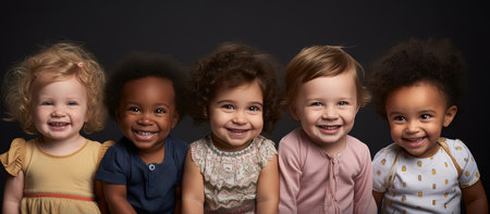 Row of six multi ethnic Babies smiling in studioの素材