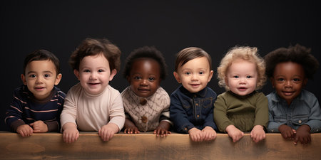 Row of six multi ethnic Babies smiling in studioの素材