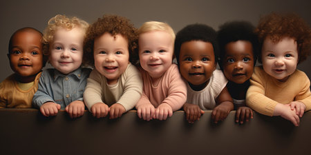 Row of six multi ethnic Babies smiling in studioの素材