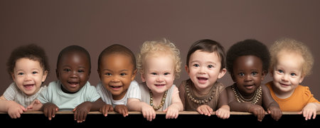 Row of six multi ethnic Babies smiling in studioの素材