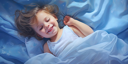 Smiling baby girl lying on a bed sleeping on blue sheetsの素材
