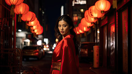 Asian woman in red kimono at night in the Cityの素材
