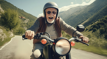 Elderly man wearing helmet drive a classic motorcycle Travel the mountain paths happilyの素材