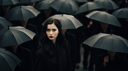 A girl stand in a crowd of people with black umbrellas walking backwardの素材