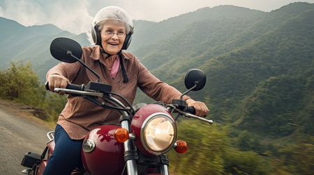 an elderly grandmother wearing a helmet drive a classic motorcycle Travel the mountain paths happilyの素材