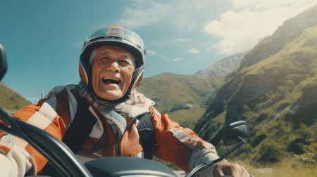 Elderly man wearing helmet drive a classic motorcycle Travel the mountain paths happilyの素材
