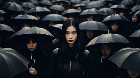 A girl stand in a crowd of people with black umbrellas walking backwardの素材