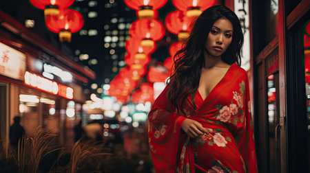 Asian woman in red kimono at night in the Cityの素材