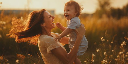 Happy harmonious family outdoors. mother throws baby up, laughing and playing in the summer on the natureの素材