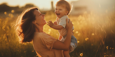 Happy harmonious family outdoors. mother throws baby up, laughing and playing in the summer on the natureの素材
