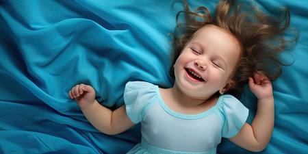 Smiling baby girl lying on a bed sleeping on blue sheetsの素材