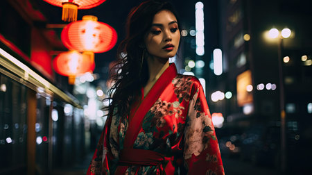 Asian woman in red kimono at night in the Cityの素材
