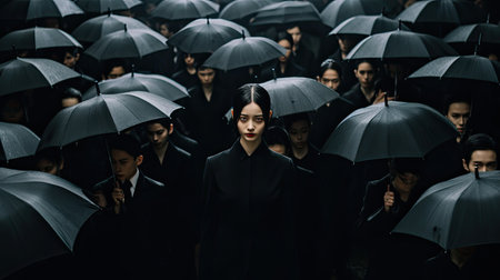 A girl stand in a crowd of people with black umbrellas walking backwardの素材