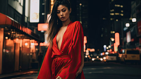 Asian woman in red kimono at night in the Cityの素材