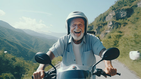 Elderly man wearing helmet drive a classic motorcycle Travel the mountain paths happilyの素材