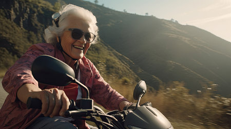 an elderly grandmother wearing a helmet drive a classic motorcycle Travel the mountain paths happilyの素材