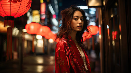 Asian woman in red kimono at night in the Cityの素材