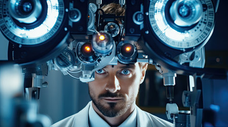 Doctor at a optical clinic with futuristic ophthalmoscope equipment performing eye test and vision cure researchの素材