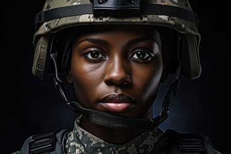 Young black woman wearing military uniform including camouflage fatigues and a helmet. She is ready for war to protect and serve her countryの素材