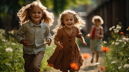 Happy kids playing outside and having fun together in summertime on sunset, a group of joyful friends walking in green park and hugging each other. Children and friendship conceptの素材