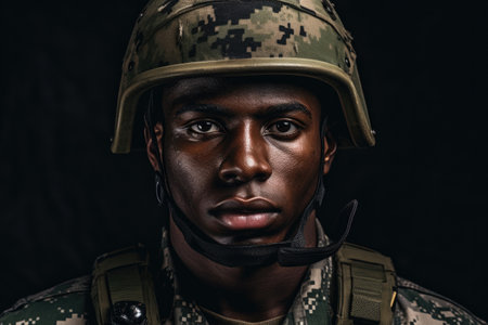 Young black man wearing military uniform including camouflage fatigues and a helmet. he is ready for war to protect and serve her countryの素材