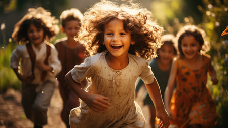 Happy kids playing outside and having fun together in summertime on sunset, a group of joyful friends walking in green park and hugging each other. Children and friendship conceptの素材