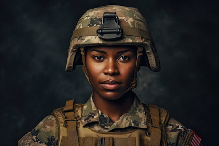Young black woman wearing military uniform including camouflage fatigues and a helmet. She is ready for war to protect and serve her countryの素材
